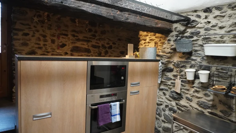 Forn i microones a la cuina amb paret de pedra
