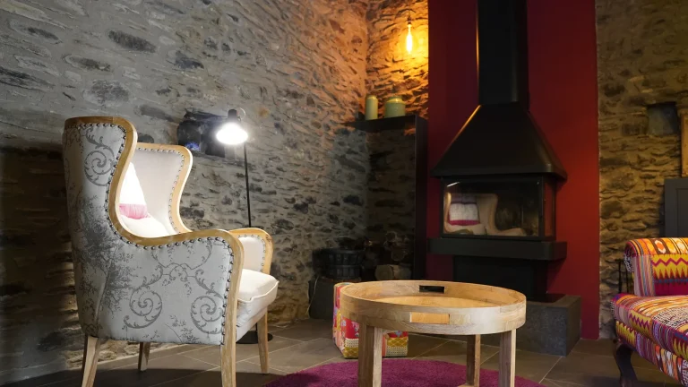 Sala amb llar de foc i paret de pedra